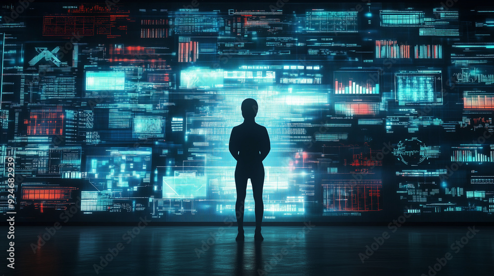 Cybersecurity Vigilance: Silhouetted Figure Facing Digital Threats Cybersecurity Vigilance: Silhouetted Figure Facing Digital Threats