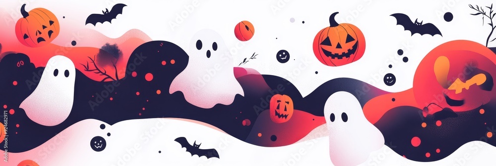 Fototapeta premium A whimsical Halloween background with ghosts, pumpkins, bats, and swirling abstract shapes. The design evokes a fun and festive atmosphere, perfect for celebrations and decorations.
