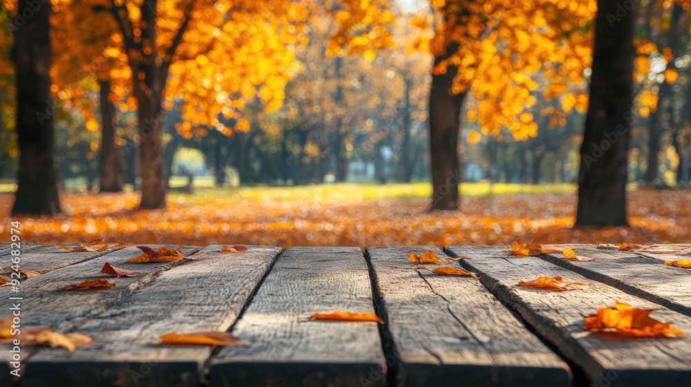 Wooden table on the background of the autumn park. The generation of AI Wooden table on the background of the autumn park. The generation of AI