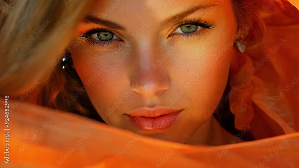 A woman with green eyes is wearing an orange scarf. The scarf is draped over her face, covering her nose and mouth A woman with green eyes is wearing an orange scarf. The scarf is draped over her face, covering her nose and mouth