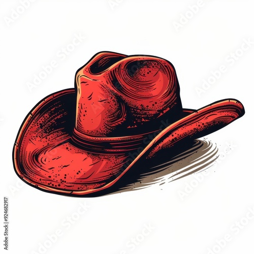 A simple, flat vector of a cowboy hat designed in a vibrant pop art style. The hat is colored in bright red with bold black outlines, featuring exaggerated curves and a large brim. It is isolated on