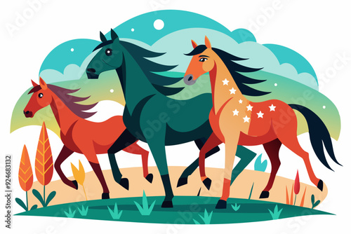 Three Horses Galloping Through a Lush Meadow