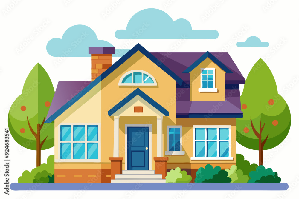 Fototapeta premium Yellow House with Purple Roof and Blue Door in a Lush Garden