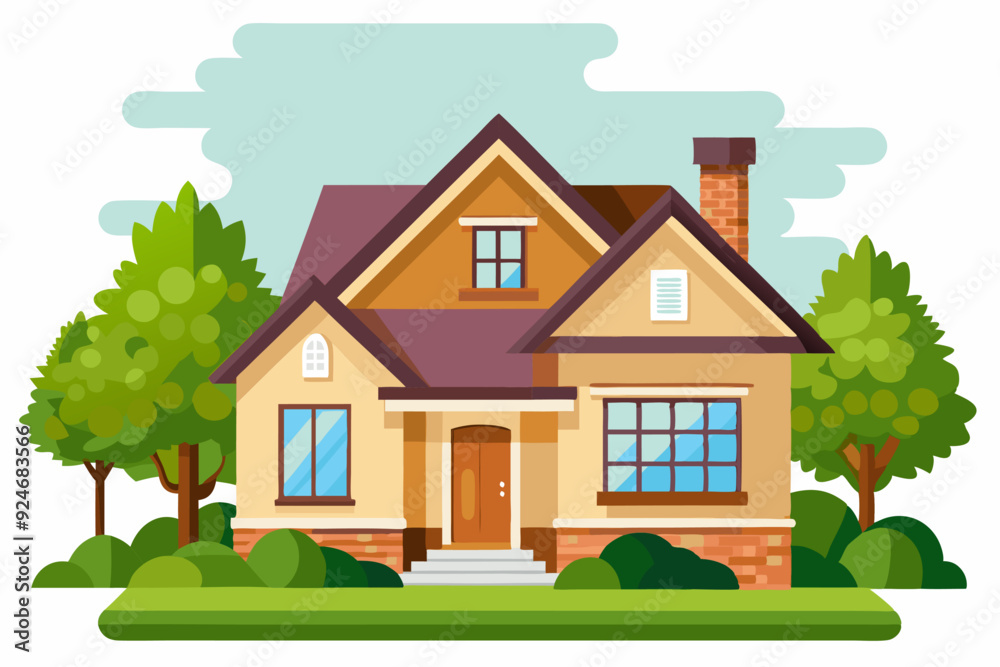 Fototapeta premium Suburban Home with a Brown Roof and Lush Green Trees