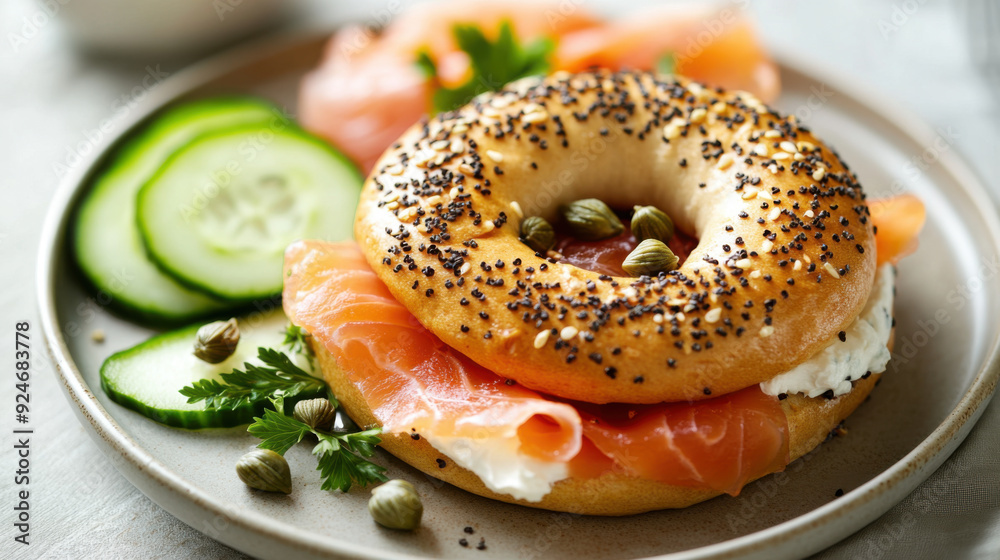A light and airy breakfast with a freshly baked bagel, cream cheese, smoked salmon, and A light and airy breakfast with a freshly baked bagel, cream cheese, smoked salmon, and