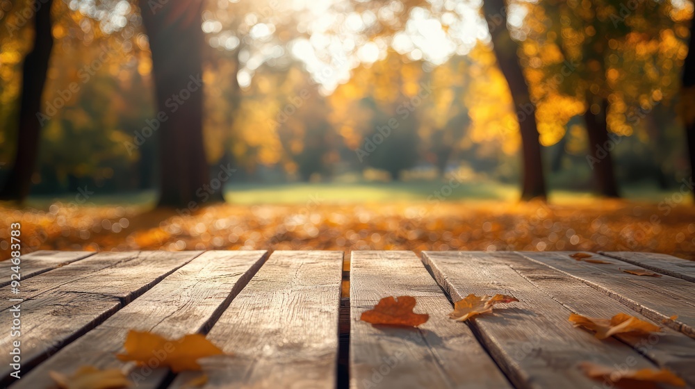 Wooden table on the background of the autumn park. The generation of AI Wooden table on the background of the autumn park. The generation of AI