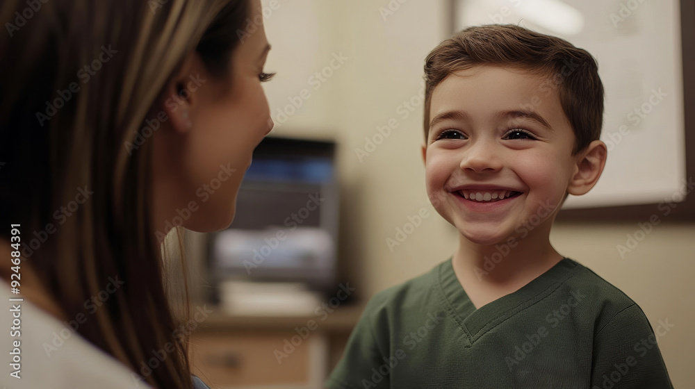 A young boy smiles brightly at his doctor, showcasing the positive and trusting relationship between healthcare professionals and their patients. The image represents care, trust, and the importance o A young boy smiles brightly at his doctor, showcasing the positive and trusting relationship between healthcare professionals and their patients. The image represents care, trust, and the importance o