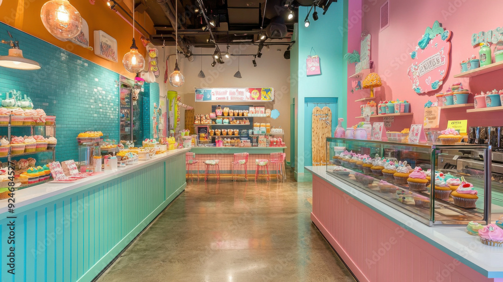 A lively cupcake shop with a cupcake decorating station where customers can customize their A lively cupcake shop with a cupcake decorating station where customers can customize their