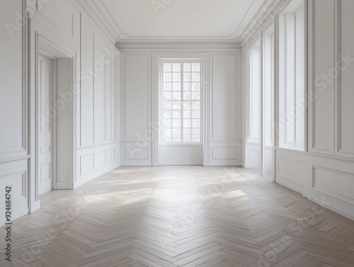 A large, empty room with white walls and wooden floors