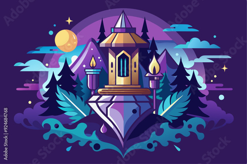 Mystical Tower on a Crystal Base in a Nighttime Forest