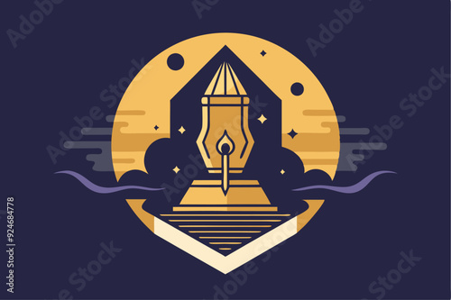 Golden Pen Nib Towering Over a Book and Moon
