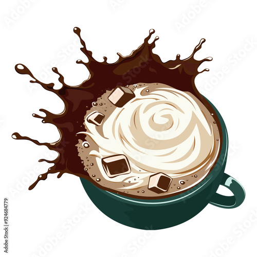 Beautiful latte coffee with lush foam and ice cubes splashes out of a cup with splashes