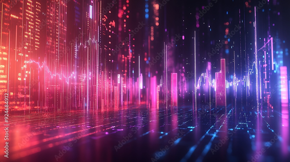 Annual financial analysis, glowing data points on line charts, 3D illustration Annual financial analysis, glowing data points on line charts, 3D illustration