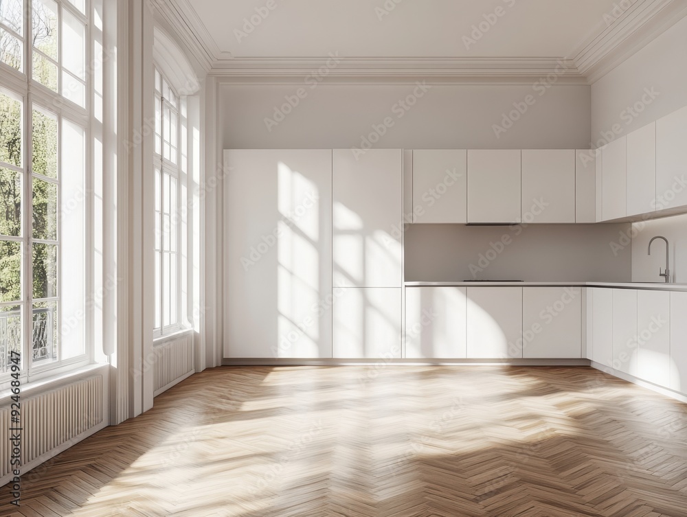 A large, empty kitchen with white cabinets and a sink A large, empty kitchen with white cabinets and a sink