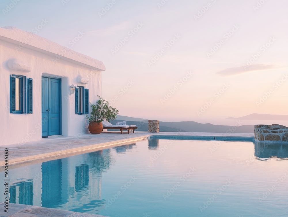 Fototapeta premium A large white house with a blue door and blue shutters