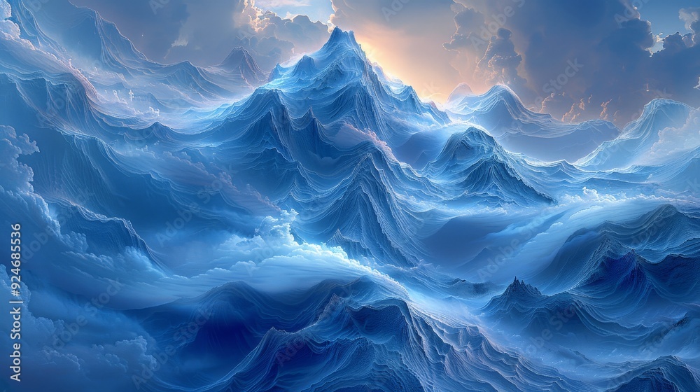 Obraz premium Rugged High-Altitude Mountain Range Surrounded by Swirling Clouds.