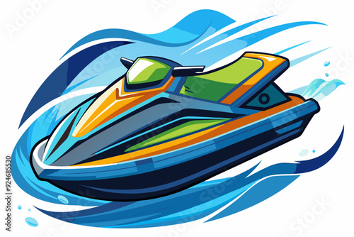 Cartoon illustration of a blue and orange jet ski speeding through the water