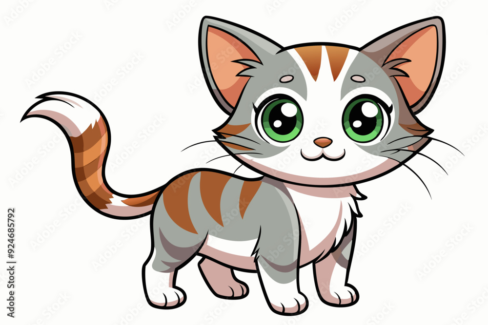 Cartoon illustration of a cute grey, white, and orange tabby cat Cartoon illustration of a cute grey, white, and orange tabby cat