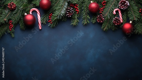 Christmas Background with Candy Cane, Fir Branches, and Ornaments Flat Lay with Copy Space