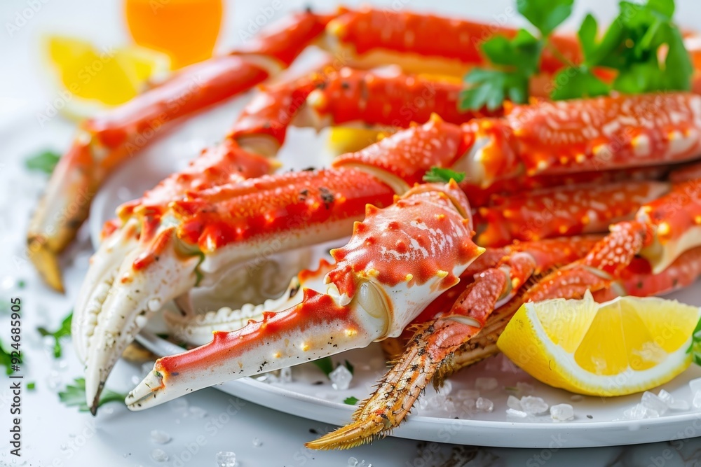 A platter of cooked crab legs garnished with lemon and herbs, ready to serve. A platter of cooked crab legs garnished with lemon and herbs, ready to serve.