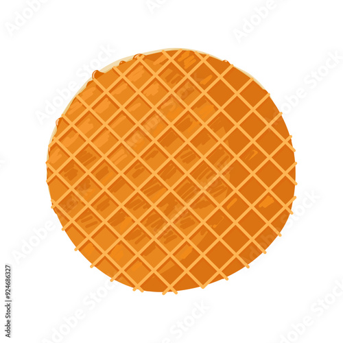 Whole round waffle. Stroopwafel. Dutch bakery and pastry dessert with caramel topping. Vector isolated hand drawn illustration of traditional holland waffle for menu designs, prints, stickers