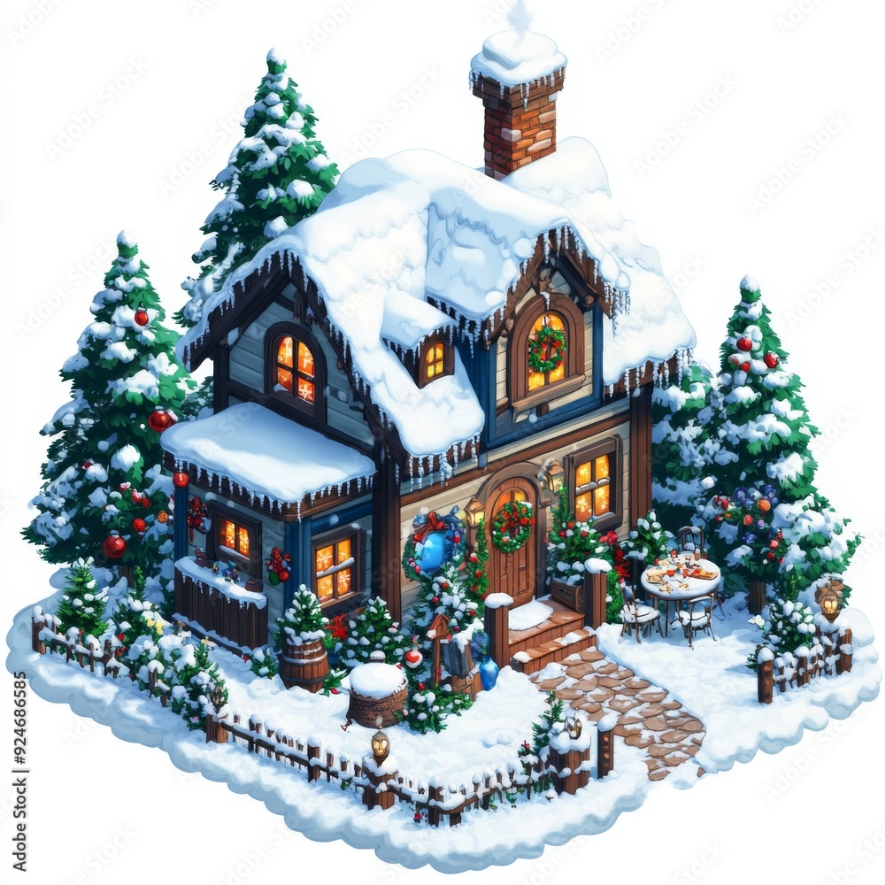Isometric Christmas Cartoon House in different colors with Snow-Covered Trees and Blue Decorations Isometric Christmas Cartoon House in different colors with Snow-Covered Trees and Blue Decorations