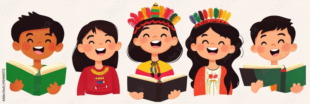 Five happy children from different cultures are reading books, symbolizing education, inclusion, diversity, knowledge, and global community. Five happy children from different cultures are reading books, symbolizing education, inclusion, diversity, knowledge, and global community.