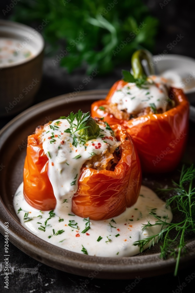 Two baked stuffed bell peppers filled with a savory mixture and topped with a creamy sauce, garnished with fresh herbs. Two baked stuffed bell peppers filled with a savory mixture and topped with a creamy sauce, garnished with fresh herbs.