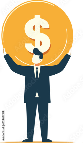 illustration of a businessman standing upright carrying gold coins, as a symbol of success, finances and glory.