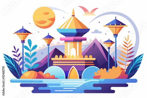 Colorful Fantasy Landscape with Tower and Streetlights