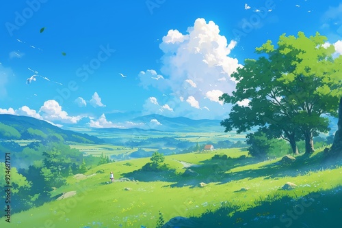 Peaceful Landscape Painting. Blue Sky with Fluffy White Clouds Over Green Grass Field. Digital Art Illustration with a Single Figure Walking in the Distance.