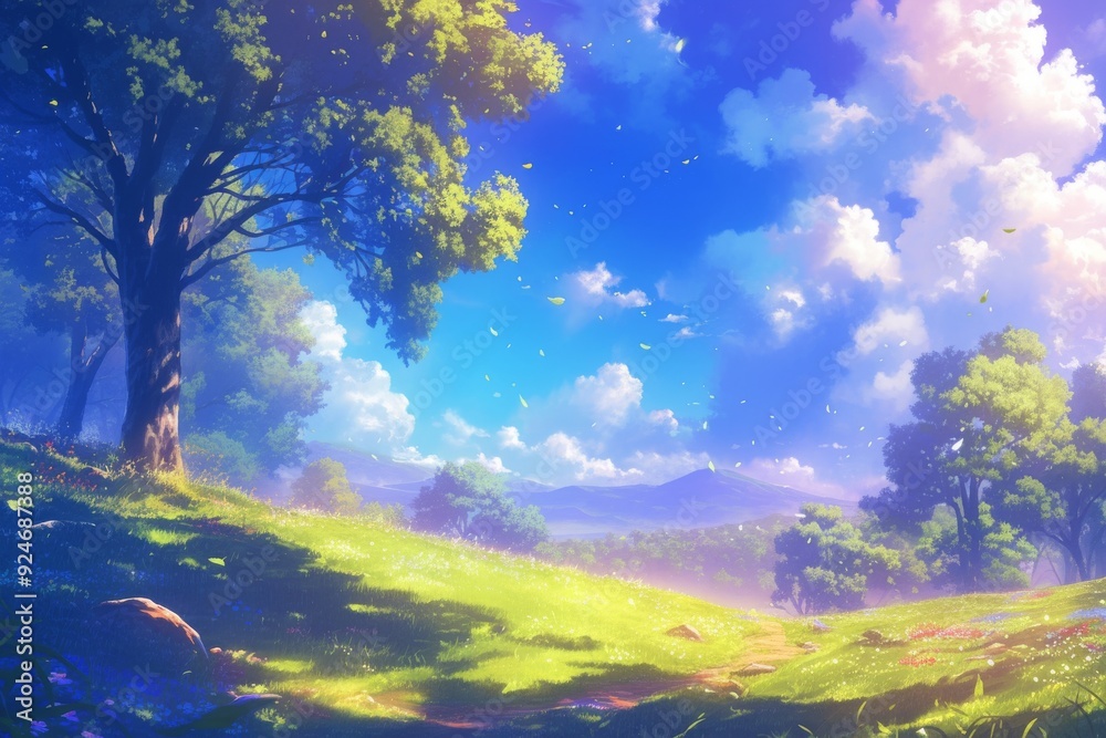 Digital art painting of a beautiful green meadow with trees, blue sky and white clouds. Concept of nature, landscape, outdoors, green, spring, summer Digital art painting of a beautiful green meadow with trees, blue sky and white clouds. Concept of nature, landscape, outdoors, green, spring, summer