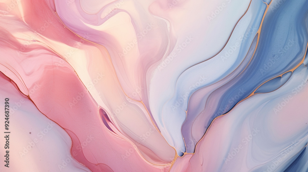 Fototapeta premium A soft, pastel pink, blue, and gold marble pattern with fluid lines of color flowing into each other, creating an ethereal mood.seamless wallpaper, patterns, background, backdrop, wallpaper