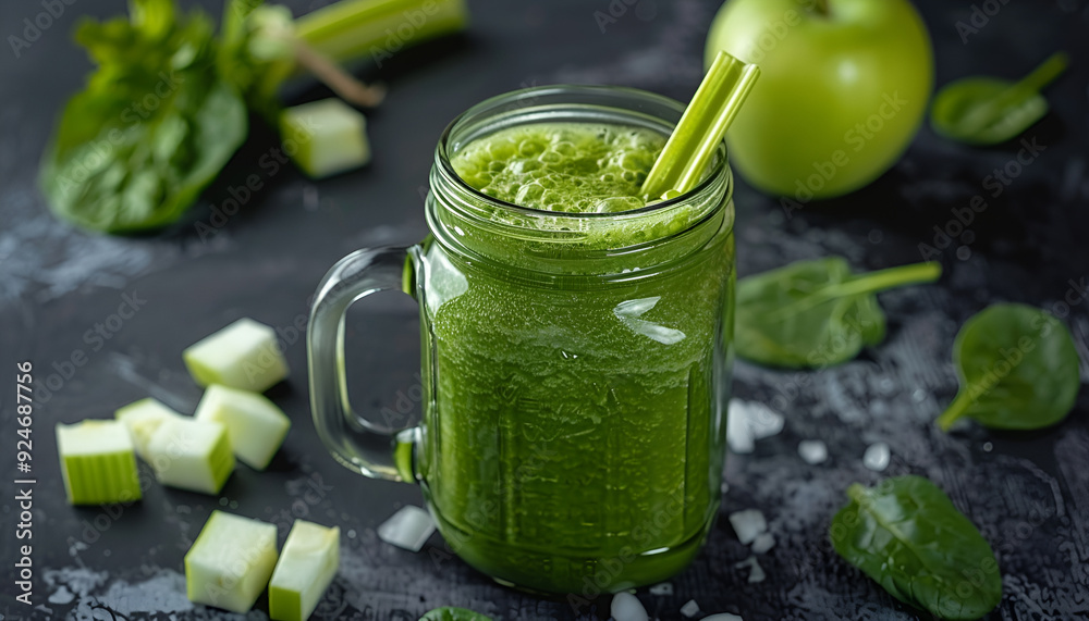 glass jar of green juice smoothie with spinach, apple and celery on dark background glass jar of green juice smoothie with spinach, apple and celery on dark background
