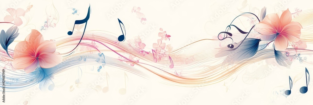 This image depicts a harmonious blend of music and nature, with flowing lines symbolizing music notes, delicate flowers representing beauty, and soft colors suggesting tranquility. This image depicts a harmonious blend of music and nature, with flowing lines symbolizing music notes, delicate flowers representing beauty, and soft colors suggesting tranquility.