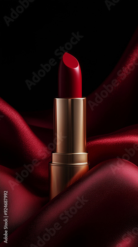 Red lipstick on luxurious red satin fabric