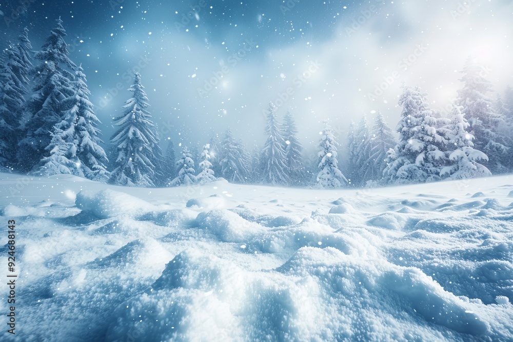 Fototapeta premium Snow-Covered Landscape in Blizzard With Harsh Winter Beauty.