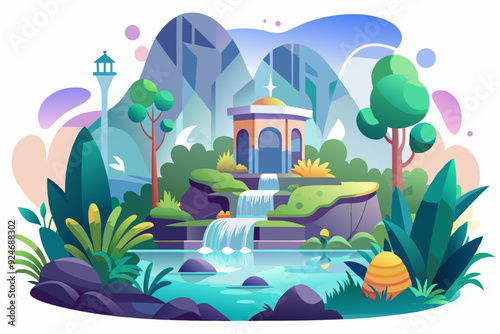 A serene oasis with a waterfall flowing into a tranquil lake surrounded by lush greenery and a majestic mountain range in the background