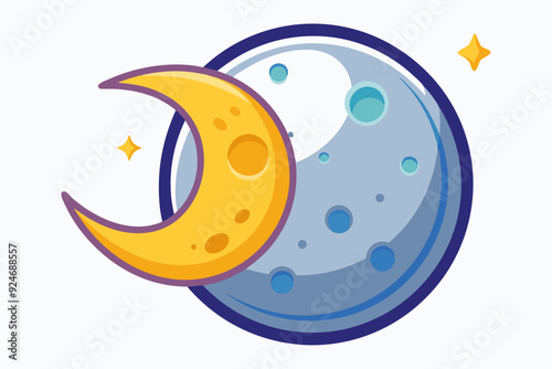 A crescent moon with craters next to a round planet with stars