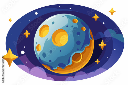 A Cartoon Illustration of a Blue Planet With Yellow Stars in Space