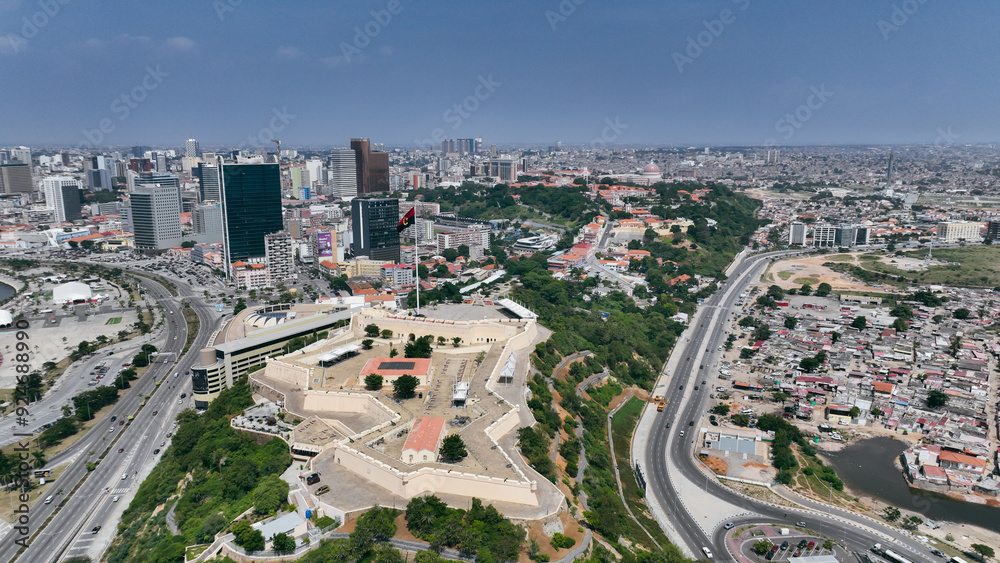 Aerial view of Luanda showcasing urban development and coastal landscape in Angola Aerial view of Luanda showcasing urban development and coastal landscape in Angola