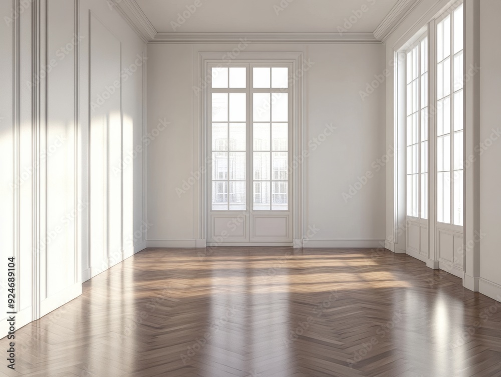 A large, empty room with white walls and wooden floors A large, empty room with white walls and wooden floors