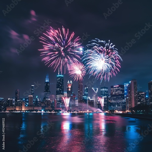 Vibrant fireworks light up the night sky over a city skyline, reflecting beautifully on the calm water below.