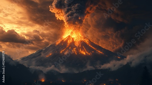 Erupting Volcano with Dramatic Sky.