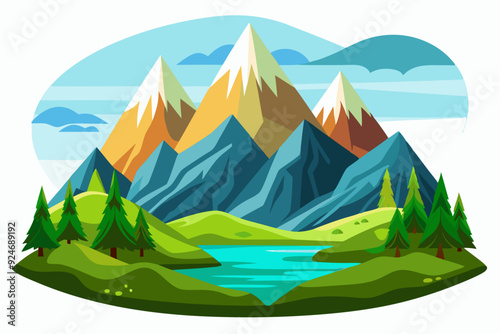 Mountainous Landscape with a Lake and Evergreen Trees