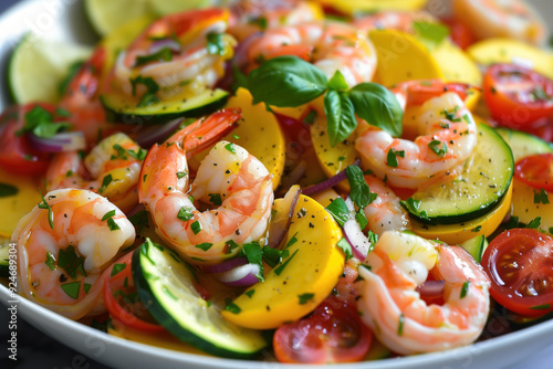 Fresh shrimp and summer squash salad in close-up