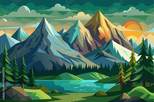 Serene Mountain Landscape with Lake and Sunset