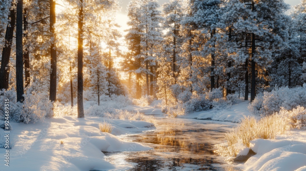 Snowy Forest with Tall Pine Trees at Golden Hour and Warm Sunlight Filtering Through Branches Snowy Forest with Tall Pine Trees at Golden Hour and Warm Sunlight Filtering Through Branches