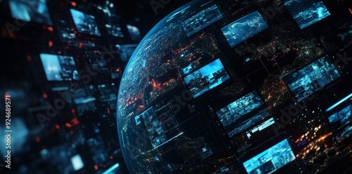 A digital globe surrounded by interconnected television screens displaying various types of advertising media
