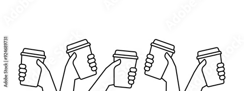 Hands of group people holding coffee in reusable cup, simple line. Together clink on break time. Fast take away drink. Takeaway drink in paper mug, coffee to go. Coffee lover. Vector illustration